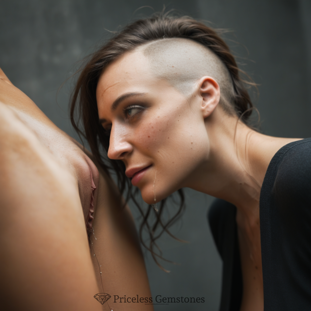 A half bald woman licks a pussy and has squirt on her face, she looks proud